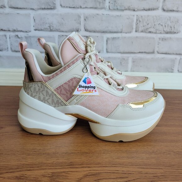 ❤️Michael Kors Olympia Mixed Media Trainer Platform 8M Women Shoes Sneakers Pink - Picture 8 of 12